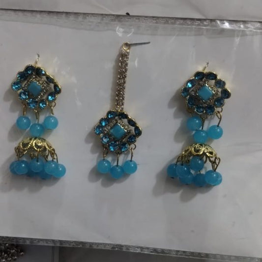 Artificial Jhumkay & Bindya Set With Blue Stones – Ethnic Jewelry For Women