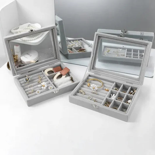 Mistico Velvet Carrying Case With Glass Cover Jewelry Ring Display Box Tray Holder Storage Box