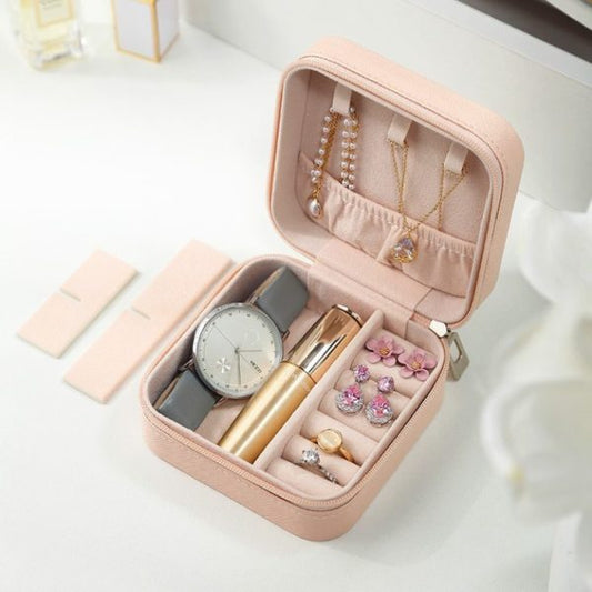Compact Travel Leather Jewelry Organizer Box – Portable Pocket-sized Case With Zipper Closure