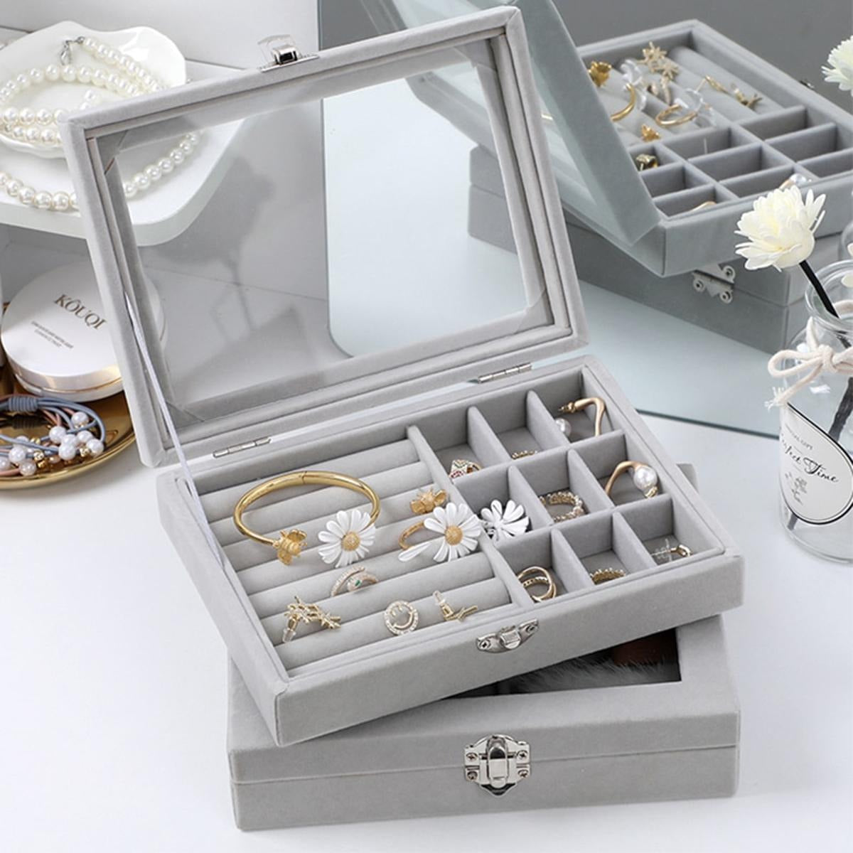 Mistico Velvet Carrying Case With Glass Cover Jewelry Ring Display Box Tray Holder Storage Box
