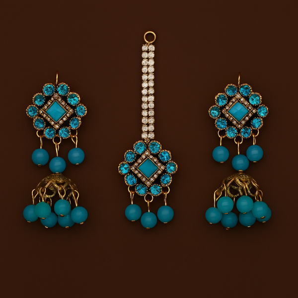 Artificial Jhumkay & Bindya Set With Blue Stones – Ethnic Jewelry For Women