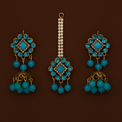 Artificial Jhumkay & Bindya Set With Blue Stones – Ethnic Jewelry For Women