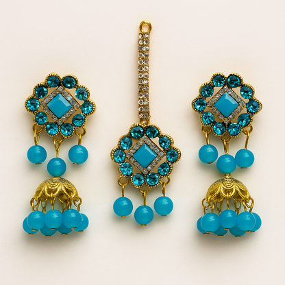 Artificial Jhumkay & Bindya Set With Blue Stones – Ethnic Jewelry For Women
