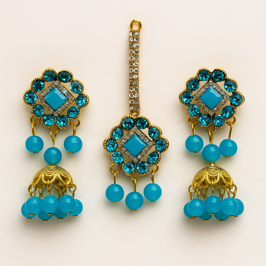 Artificial Jhumkay & Bindya Set With Blue Stones – Ethnic Jewelry For Women