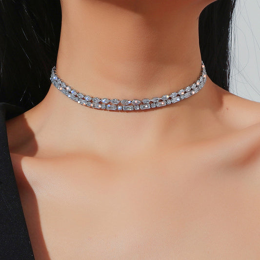 Cross-border Source Of European And American Simple Zircon Personality Chain Necklace Clavicle Chain Fashion Exaggerated Choker Bundle Neck Chain Women