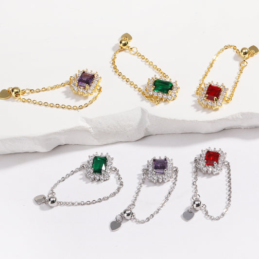 New Small Sugar Cube Copper Plated Chain Ring For Women Retractable Index Finger Ring Temperament Versatile Niche Cold Trend