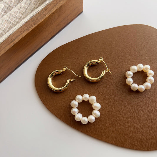 Vintage Cultured Pearl Circle Earrings Personality Trendy Net Red Earrings Elegant All-match Earrings