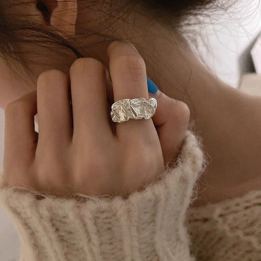 Retro Irregular Metal Pleated Open Ring Female Fashion Personality Ins Cold Style Niche Design Ring