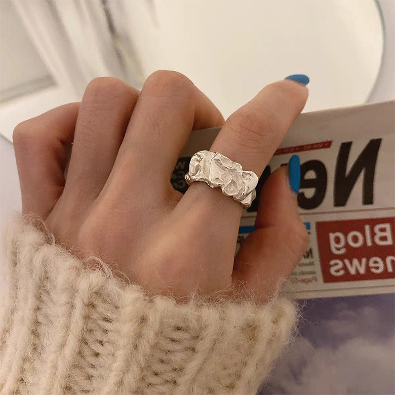 Retro Irregular Metal Pleated Open Ring Female Fashion Personality Ins Cold Style Niche Design Ring