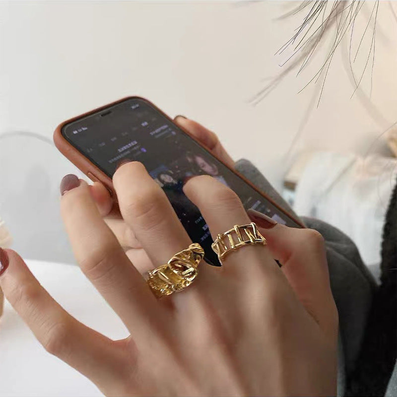 Retro Irregular Metal Pleated Open Ring Female Fashion Personality Ins Cold Style Niche Design Ring