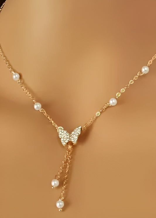 Gold Butterfly Pearl Choker Necklace For Women Girls